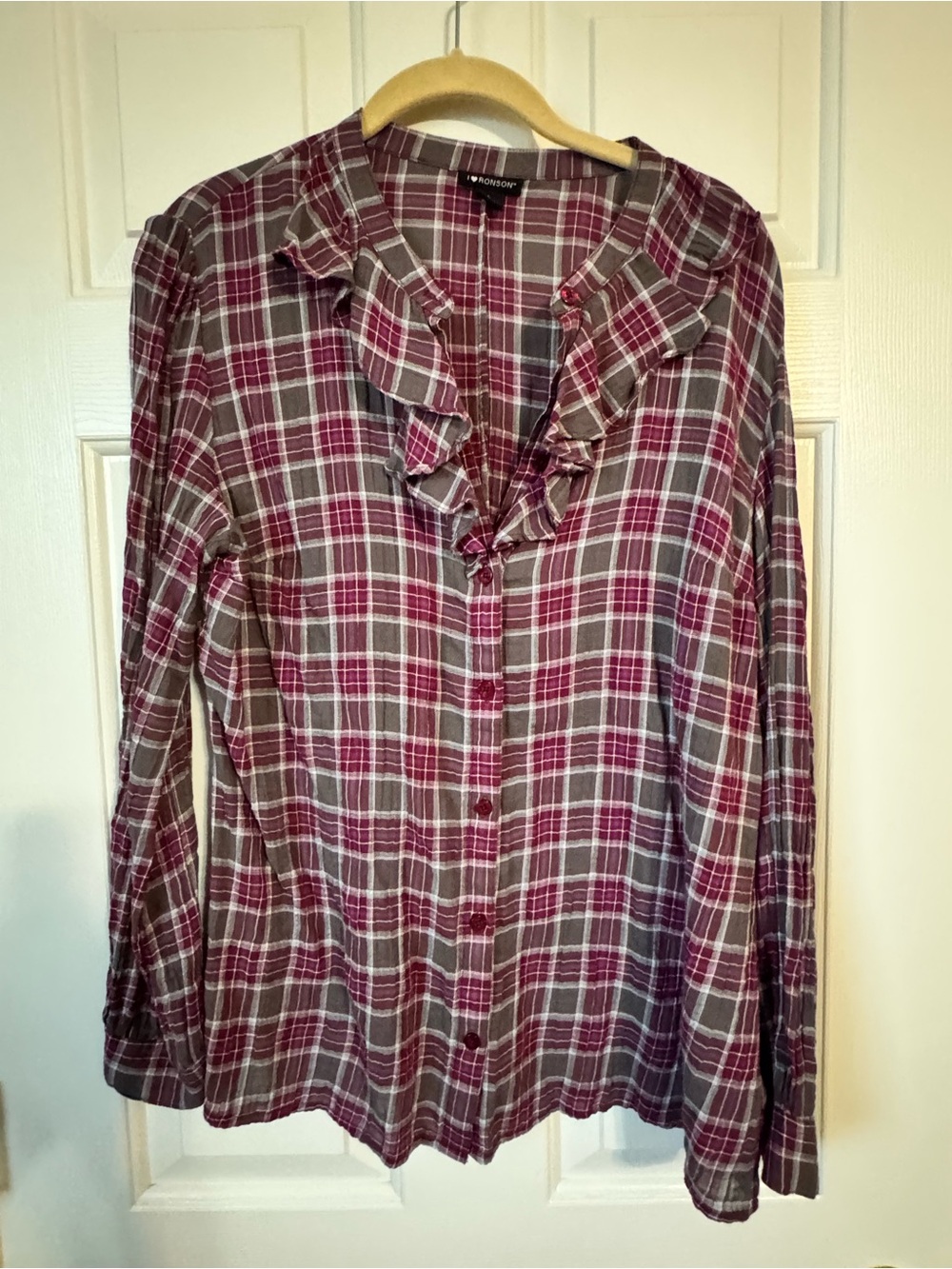 3/$15. Ruffled Plaid Button-Down Shirt in Burgundy and Gray